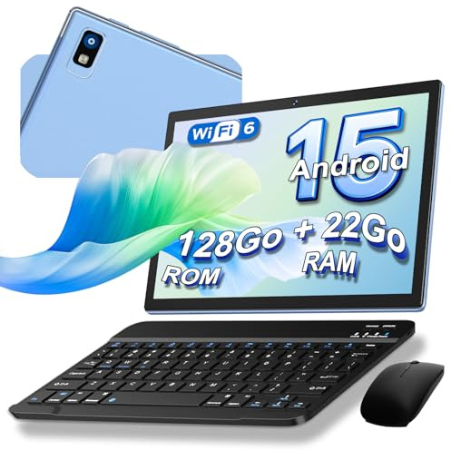 Tablette 10 Pouces Android 15, 22Go RAM+128Go ROM (1To TF), Octa-Core, Blue | Tablette Tactile avec clavier et souris, 8000mAh, Widevine L1, Corps métallique, Face ID, GPS, GMS, 5G WiFi, BT 5.0