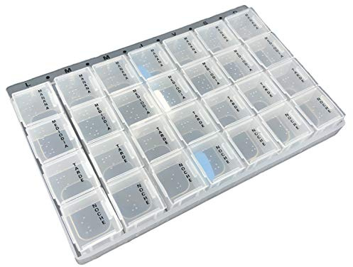 MovilCom® Pastillero semanal español 28 compartimentos 7 días pastillero organizador semanal 4 tomas diarias, planificador semanal de pastillas