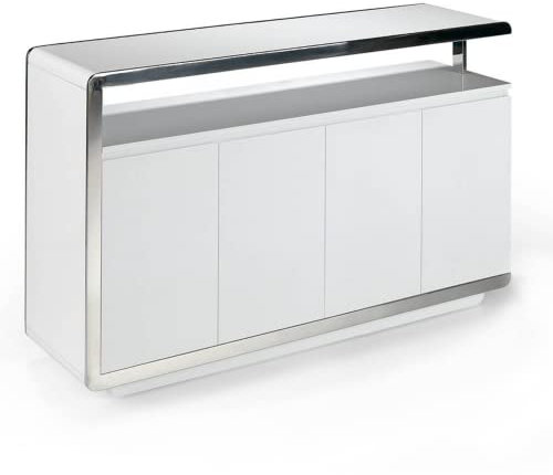 Angel CERDÁ - Buffet en Bois laqué Blanc Brillant, avec Quatre Portes, Double système de Fermeture retardée, Structure et Pieds en Acier chromé, Style Moderne