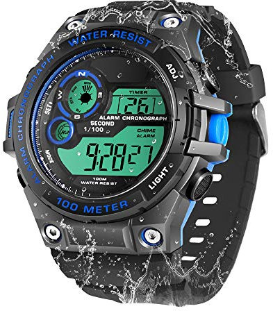 TEKMAGIC 100m Bajo el Agua Reloj de Pulsera Submarinismo para Hombres Niños con Funciones de Cronómetro, Cronógrafo, Alarma, Zona Horaria Dual, Formato de 12/24 Horas