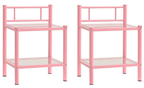 vidaXL 2X Tables de Chevet Table de Nuit Armoire de Chevet Armoire de Lit Chambre à Coucher Maison Intérieur Rose et Transparent Métal et Verre