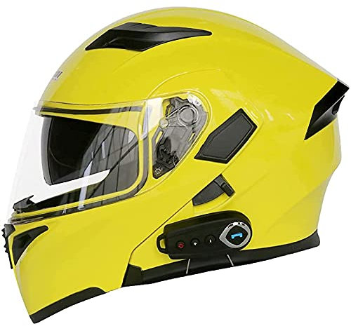 Casco Moto Apribile Bluetooth Integrato Casco Modulare Moto Integrale Flip Up Doppia Visiera Parasole Casco Moto Stradale Con Microfono Mp3 Radio FM Riduzione Del Rumore Ventilato Yellow,L