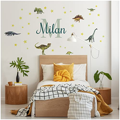 Wandsticker personalisiert Sticker Aquarell Tiere mit Name Wandtattoo für Kinderzimmer Babyzimmer Spielzimmer Mädchen Junge Y037 (Nr. 9 Dinos, Mit Wunschname)
