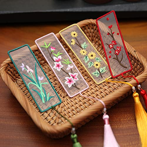 Namvo 4 Stück DIY Kreuzstich Lesezeichen Kit Mit 16,5 cm Stickrahmen, Blumen Stickerei Handwerk Quaste Kunst Geschenke