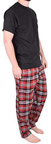 Mens Pyjamas Set Trousers Woven Check Lounge Pants Short Sleeve T Shirts Top (XL, Red - PjamaSet-21)