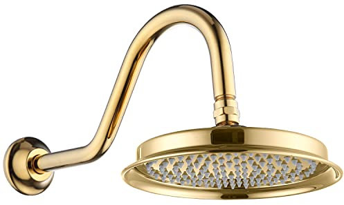 Drettyer 9inch Round Antique Rain Shower Head with 13 Extension Curved Shower Arm and Swivel Ball, Vintage Brass Wall Mount High Pressure Rainfall Showerhead in Bright Gold