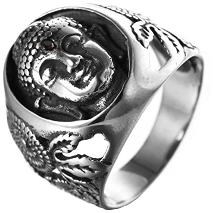 Mesnt Punk Rock Herrenring Edelstahlring Bandring Siegelring mit Buddhakopf Edelstahl Ringe Herren Breit Schmuck Ring Geschenk für Vater/Ehemann, Größe 70 (22.3)