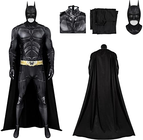 SINSEN Bat Superhero Costume for Adult Men, Knight Cosplay Jumpsuit Cloak Outfit Mask for Halloween Party Dark (Medium, Bat Costume + Mask)