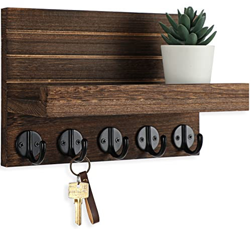Lwenki Porte-clés mural décoratif pour clés et courrier avec étagère à grands crochets pour sacs, manteaux, parapluies – Porte-clés en bois de paulownia avec matériel de montage (24 x 17 x 10 cm)