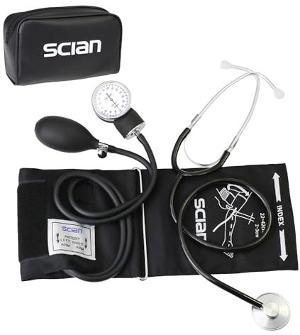 Scian Manual Blood Pressure Cuff with Stethoscope - Aneroid Sphygmomanometer with D-Ring Universal Cuff 22-42cm in Carrying Bag for Nurse Doctor Senior Adult (Black)