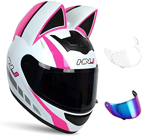 Motorrad-Integralhelm Pink-Weiß Cat Ear Helm Mit Abnehmbaren Cat Ears Motorradhelme DOT/ECE Sturzhelm Für Damen City Commute E,L 59~60cm