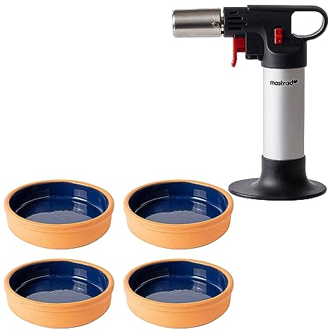 Mastrad - Coffret Crèmes Brûlées - 1 Chalumeau De Cuisine & 4 Ramequins - Caraméliser Vos Crèmes Brûlées Maison - Chalumeau Expert - Résultat Professionnel - Ramequins En Terre Cuite