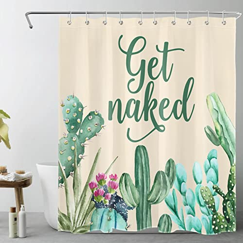 Duschvorhang mit Aquarell-Kaktus-Motiv, lustige Zitate und Blumen mit grünen Sukkulenten auf beigefarbenem Duschvorhang, für Badezimmer, 152,4 x 183,9 cm, Polyester-Stoff, Badezimmer-Dekoration,