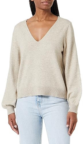 Vila Viril Rev Col V L/S Top-Noos Pull en Tricot, Mélange Naturel, L Femme