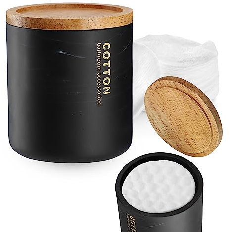 KADAX Wattepadspender, 9.8x11cm Aufbewahrungsbox mit Bambusdeckel, Wattepads Aufbewahrung, Badezimmeraccessoires in subtilem Marmormuster (Schwarz)