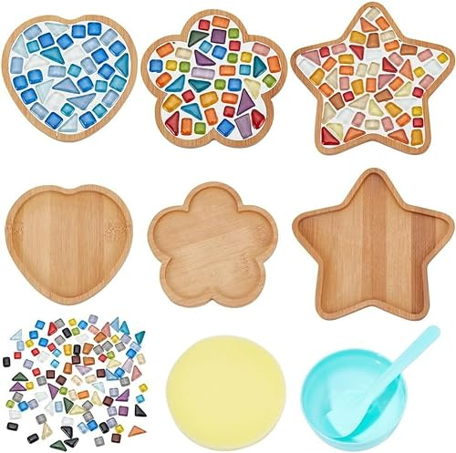 REZELADA Glasfliesen Mosaik Set, 3 Sets Mosaik Untersetzer Set mit Bambus Untersetzer Basis, Glas Mosaikfliesen DIY Mosaik Bastelsets für Getränke, Heimdekoration Geschenke