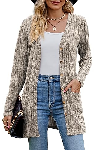 MYCOLORBLUE Alte Zeiten Strickjacken für Damen Elegant Cardigan Gerippt Langarm Knopfleiste mit Taschen Strickcardigan Khaki S