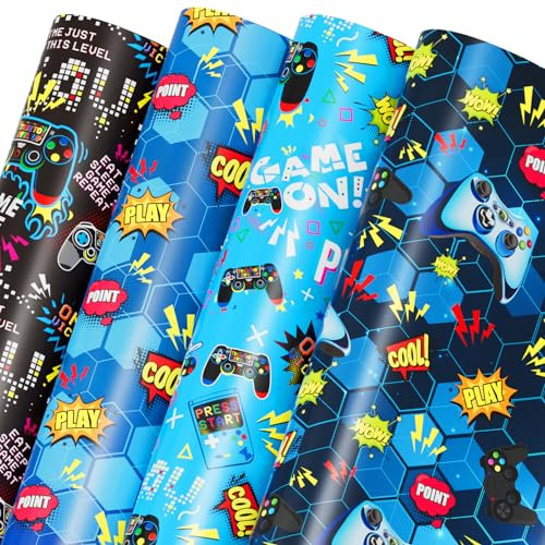 Mpanwen Blue Video Game Wrapping Paper for Boys Kids, 8 Sheets Large Gamer Gaming Gift Wrap Game on Wrapping Paper for Christmas Birthday Holiday - 27 x 39.5 Inches Per Sheet