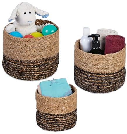 Relaxdays Aufbewahrungskorb, 3er Set, Seegras, 3 Größen, Bad, Wohnzimmer, Deko, runde Utensilienkörbe, Natur/schwarz