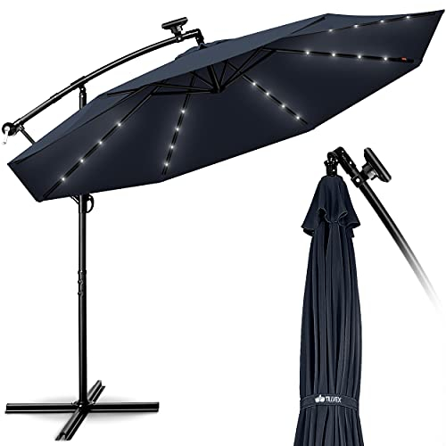 tillvex Alu Ampelschirm LED Solar Ø 350 cm mit Kurbel Navy-Blau | Sonnenschirm mit An-/Ausschalter | Gartenschirm UV-Schutz Aluminium | Kurbelschirm mit Ständer Marktschirm wasserdicht