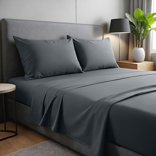 Set lenzuola matrimoniali king size 4 Pezzi 180x190/200, lenzuola matrimoniale in microfibra di poliestere spazzolata. Lenzuolo Piatto, Lenzuolo con Angoli regolabili e 2 federe. Colore Grigio Scuro