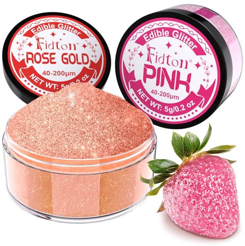 Edible Glitter for Drinks - Fidton 2 Colours Sparkling Edible Cake Decorations Set, edible glitter for cakes, Bakery, Fondant, Drink Glitter for Cocktail, Edible Lustre Dust Rose Gold & Pink- 5 g/each