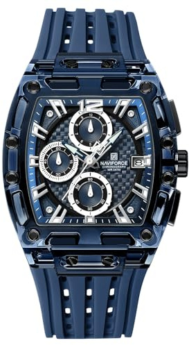 NAVIFORCE Herrenuhr Mode Sport Rechteck Armbanduhr (Chronograph/wasserdicht/leuchtend/Kalender) Silikonarmband Quarzuhr für Männer, blau