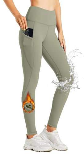 WILLIT Thermo Leggings Damen Gefütterte Leggings Winter Wasserbeständig Thermohose Hohe Taille Warme Yogahose Laufhose Strumpfhosen Graugrün M