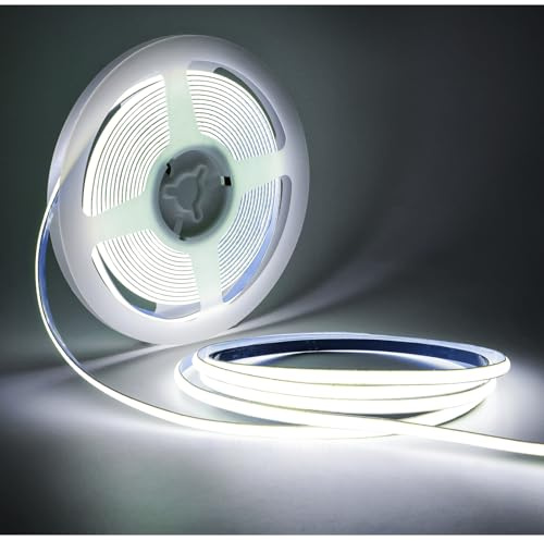 Tesfish LED Streifen Lichts 24V, 5mm Breit Ultra Schmal Band COB Weiß 6000K 5 Meter 400 LEDs/M Insgesamt 2000 LEDs Neon Licht Lichtleisten Leiste für Party, Theke, Regal, Wohnkultu