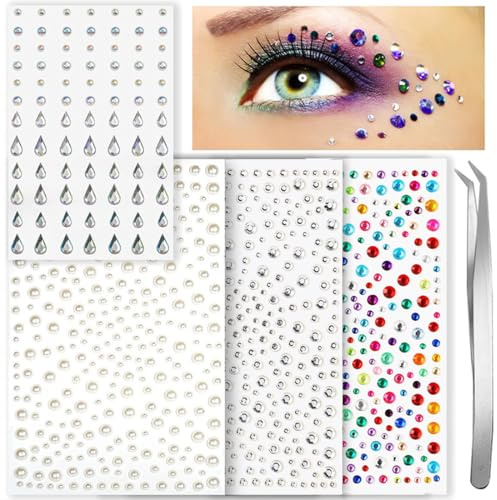 1059 Pcs Gem Stickers 4 Sheets Self-Adhesive Face gems with Tweezers, Pearl Stickers, Rhinestone Stickers for Face, Hair, Eye, Makeup, Nail, Body, Crafts