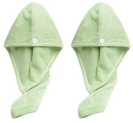 Xkzhrr Mikrofaser Handtuch Haare Turban, 2 Stück Microfiber Towel Hair, Turban Handtuch mit Knopf, Kopftuch Handtuch für Lange Haar, Super saugfähig,Schnell trocknendes Mikrofaser-Handtuch (Grün)