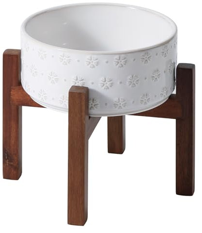 Havniva Keramik 21cm erhöhtes Hundenapf-Set mit Akazienholzständer, Futter- und Wassernapf für Hunde großer Rassen, beschwerte Tiernäpfe(1800ml, Arktisch Weiß)