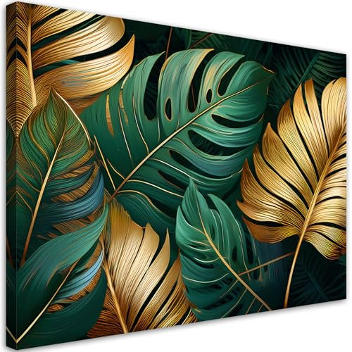Feeby Quadri camera da letto - Stampa Su Tela - Canvas 90x60 cm - Decorazioni Camera - Foglie di Monstera dorate - Decorazione Murale - Moderno Soggiorno - quadri moderni soggiorno - poster