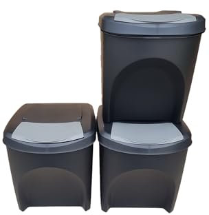 Stolmet Large Stackable Recycling Bins Set of 3x25L (Brand KrysGo) - Customizable Lids with Recycling Stickers - Waste Sorting for Home, Kitchen, Office (Black + Grey)