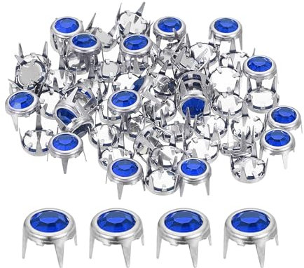 QUARKZMAN 60pz Borchie Strass, 6mm Rivetti Rotondi Perline Cristallo Artiglio Rivetti Decorativi Punte Punk a Testa Chiodo per Fai da Te Pelle Artigianato Tessuto Cintura Borsa, Argento/Blu