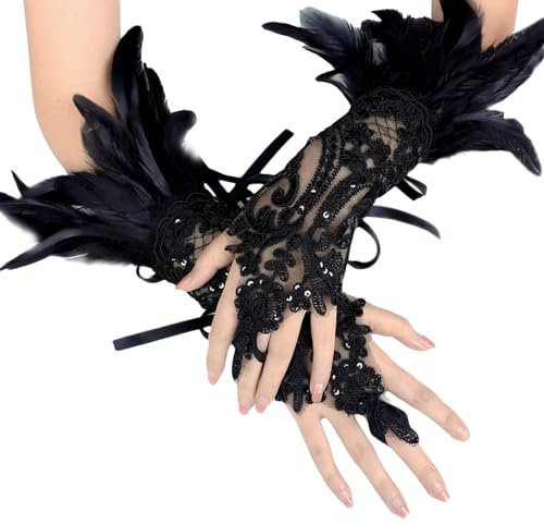 Powmag Halloween Damen Schwarz Spitzenhandschuhe, Schwarze Federn Manschette Handschuhe, Vintage Spitze Fingerlose Lange Handschuhe für Halloween Karneval Hochzeit Kostüm Zubehör Cosplay