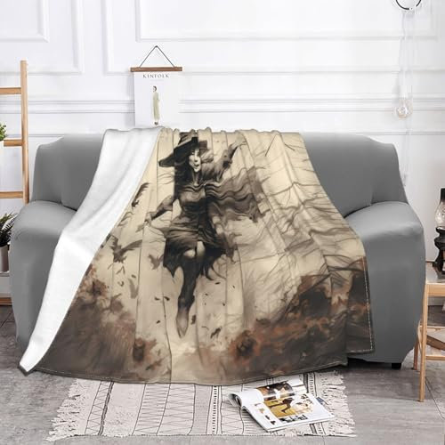 NBHDZENGW Halloween-Hexe fliegende personalisierte Fleecedecke Sofa-Überwurfdecke, bedruckt, flauschig, weich, warm, vielseitige Decke für Sofa, Couch, Bett