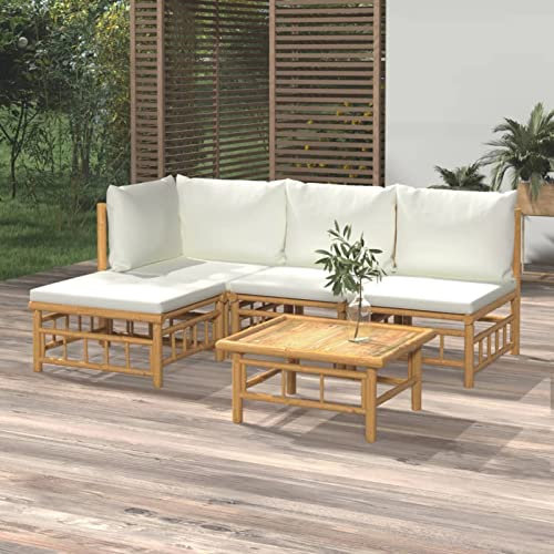 IKAYAA Gartenmöbel Set Bambus Garten Lounge Set Bambus Lounge möbel Outdoor Loungemöbel Balkon Gartensofa Bambus Ecklounge Outdoor mit Kissen-Creme-5-tlg