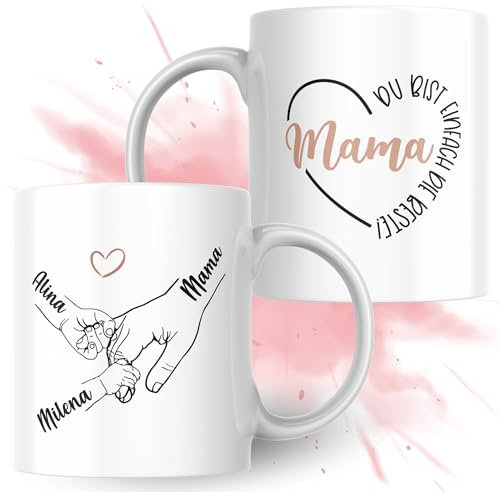 SMARTEON Tasse personalisiert | Kinderhände mit Namen als individuelles Geschenk für Mama als Andenken oder Fotogeschenk für Mutter und Kinder, Bedruckte Tasse (Mama)