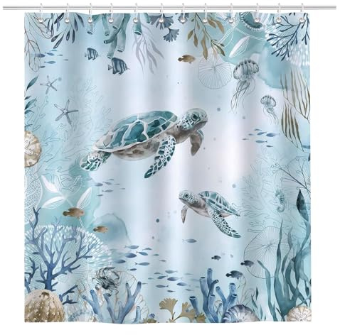 Disnace Duschvorhang Meeresschildkröte 200x180cm, Blauer Ozean Unterwasser Welt, Wasserdicht Polyester Stoff Antischimmel Waschbar, Badvorhang für Badewanne mit Haken Duschklammern