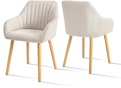 Goeurvant Dining Chairs Set of 2 Upholstered Armchairs with Wood Legs Polyester Kitchen Chairs for Living Room, Beige