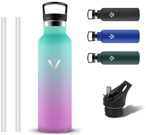Grsta Trinkflasche Edelstahl, BPA-frei Trinkflasche 500ml, Thermoskanne mit 2 Deckel, Thermosflasche Kinder für Kohlensäure Geeignet, Auslaufsicher Wasserflasche mit Strohhalm für Yoga, Büro, Sport