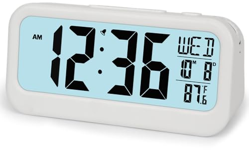 FAMICOZY Digital Alarm Clock with Calendar Indoor Temperature,Adjustable Snooze,Crescendo Alarm,Manual DST,Light on Demand,No Ticking for Bedside Travel,White