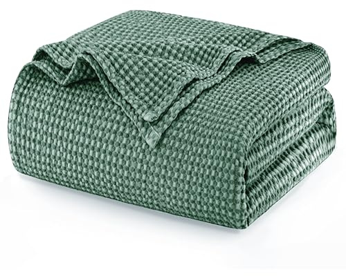 Talasily 100% Baumwolle Decke 130 x 150 cm, Weiche und Atmungsaktive Tagesdecke, Waffelmuster Leichte Decke als Sofadecke Couchdecke, Weich Kuschelige Wohndecke Wohnzimmer, Sofa Couch Grün