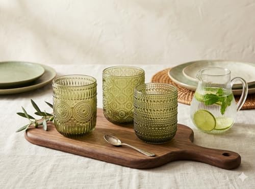 LA CASA DI EVA Bicchieri in Vetro Verde, Set 6 Pezzi, Capacità 300ml, Design Elegante con Motivo in Rilievo, Stile Moderno, per Acqua e Bevande