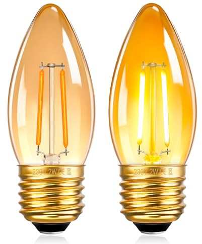 SCNNC E27 LED Glühbirne Kerze Retro Vintage Bernstein 2W Amber C35 Kerzenbirnen 220V Warmweiß 2200K, 20W Äquivalent Nicht Dimmbar, C35 E27 LED Filament Vintage Kerzenlampe für Nachtlicht, 2 Stück