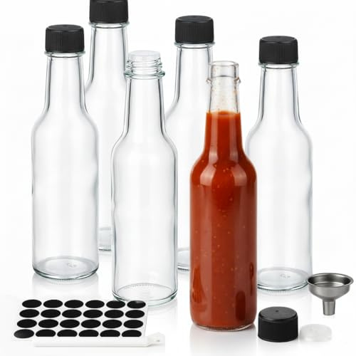 WERTIOO 150ml/5oz Glass Hot Sauce Bottle, 6 pcs Round Condiment Bottles with Leak Proof Screw Caps&Funnel,Small Glass Bottles for Hot Sauces,Oil,Liquor,Home Brewing Wine,Salad Dressings