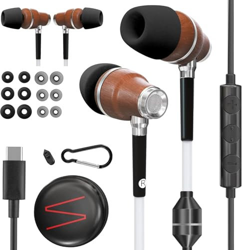 Symphonized Écouteurs Airtube en bois de qualité supérieure (USB-C) – Microphone et contrôle du volume, écouteurs filaires EMF pour iPhone 17, 16, 15, Samsung et Android, écouteurs filaires USB C