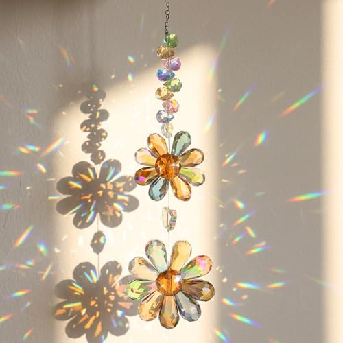 DOPENSPI Sonnenfänger Kristall Fenster,Blume Suncatcher Fensterdeko Frühling Hängend Regenbogen Fensterdeko Hängend Glas Ornament Deko für Zuhause Büro Garten Auto Party Hochzeit(dunkel)