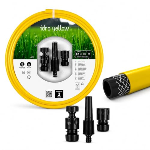 Tubo Acqua da Giardino 20 Metri in PVC Retinato 3 Strati Ø15mm 5/8 con Kit Raccordi e Lancia Anti UV Antialga Flessibile per irrigazione Giardino Uso Hobbistico